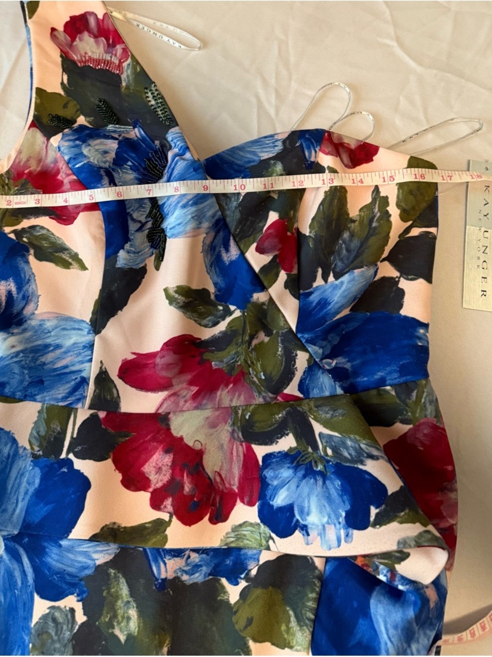 Kay Unger One-Shoulder Pink Dress with Blue Floral Print - Picture 12 of 14